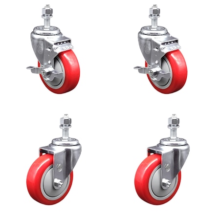 Service Caster 4 Inch SS Red Polyurethane Swivel 1/2 Inch Threaded Stem Caster Brakes SCC, 2PK SSTS20S414-PPUB-RED-TLB-121315-2-S-2